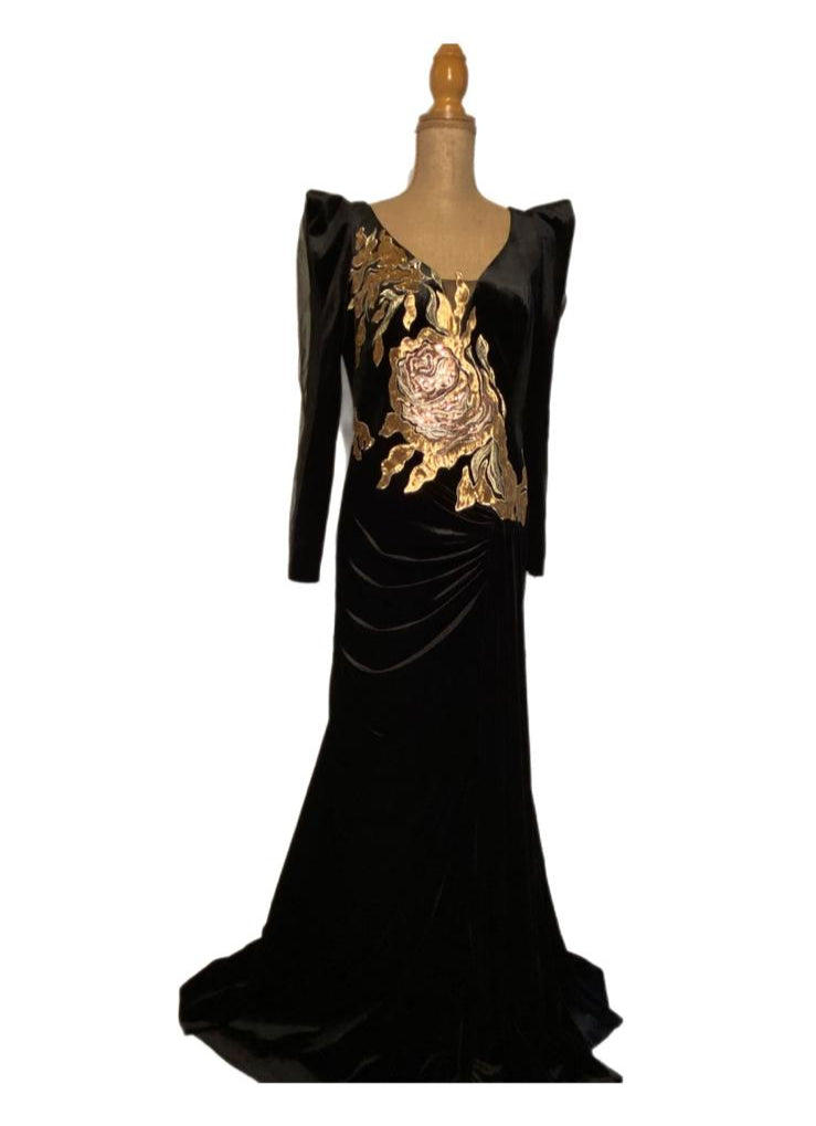 Robe de Cérémonie Noire et Dorée Longue avec Épaulettes